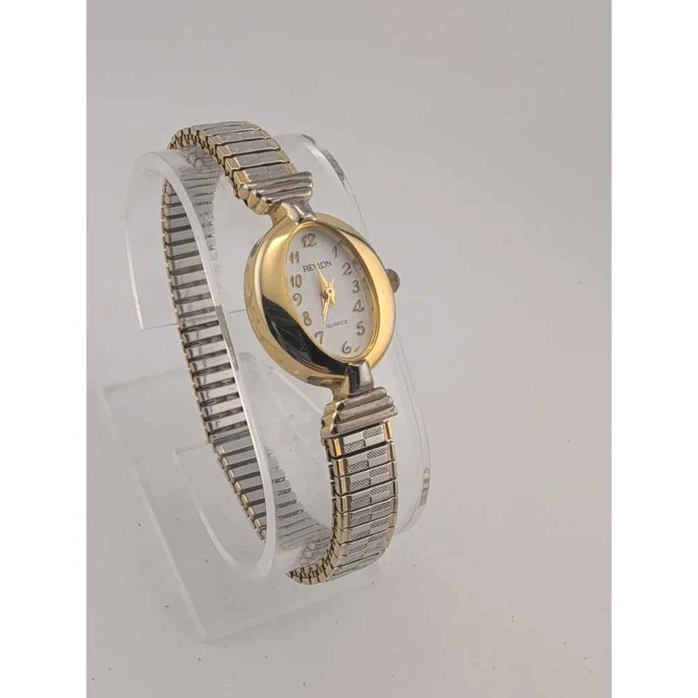 Vtg Revlon Women's Watch 20mm Gold Case Two Tone Stretch Band- New Battery